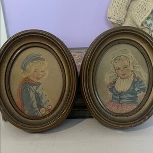 Vintage Oval Framed Child Portraits of Dutch boy and girl